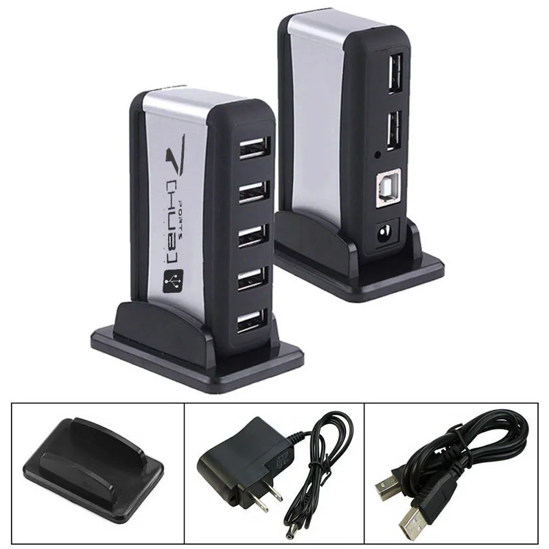 High Speed 7 Port USB 2.0 Hub Expansion Splitter Hubs with US/EU Plug AC Power Adapter Cable + Vertical Stand for PC Laptop |