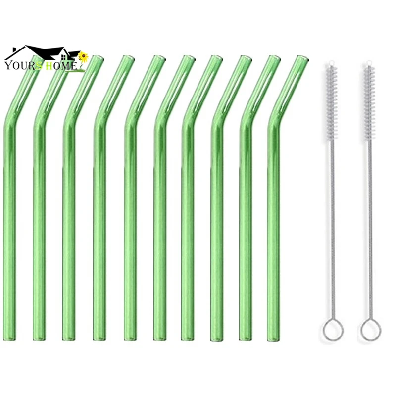 

10pcs Green Straws+2pcs Cleaning BrushClear Bent 18cm" x 8 mm - Perfect Reusable Straw For Smoothies, Tea, Juice