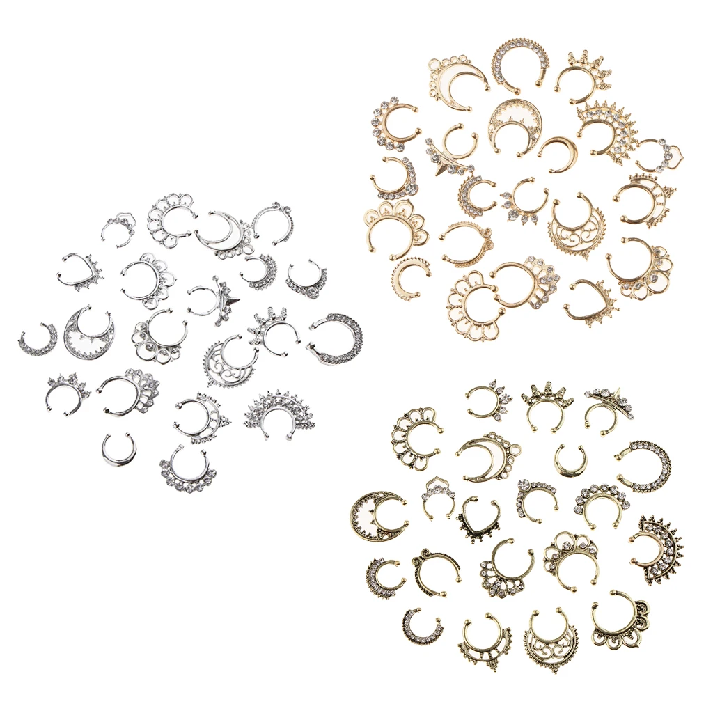 21 Pieces Crystal Fake Septum Clicker Nose Ring Non-piercing Assorted Shape Illusion Piercing Nose Ring Loop