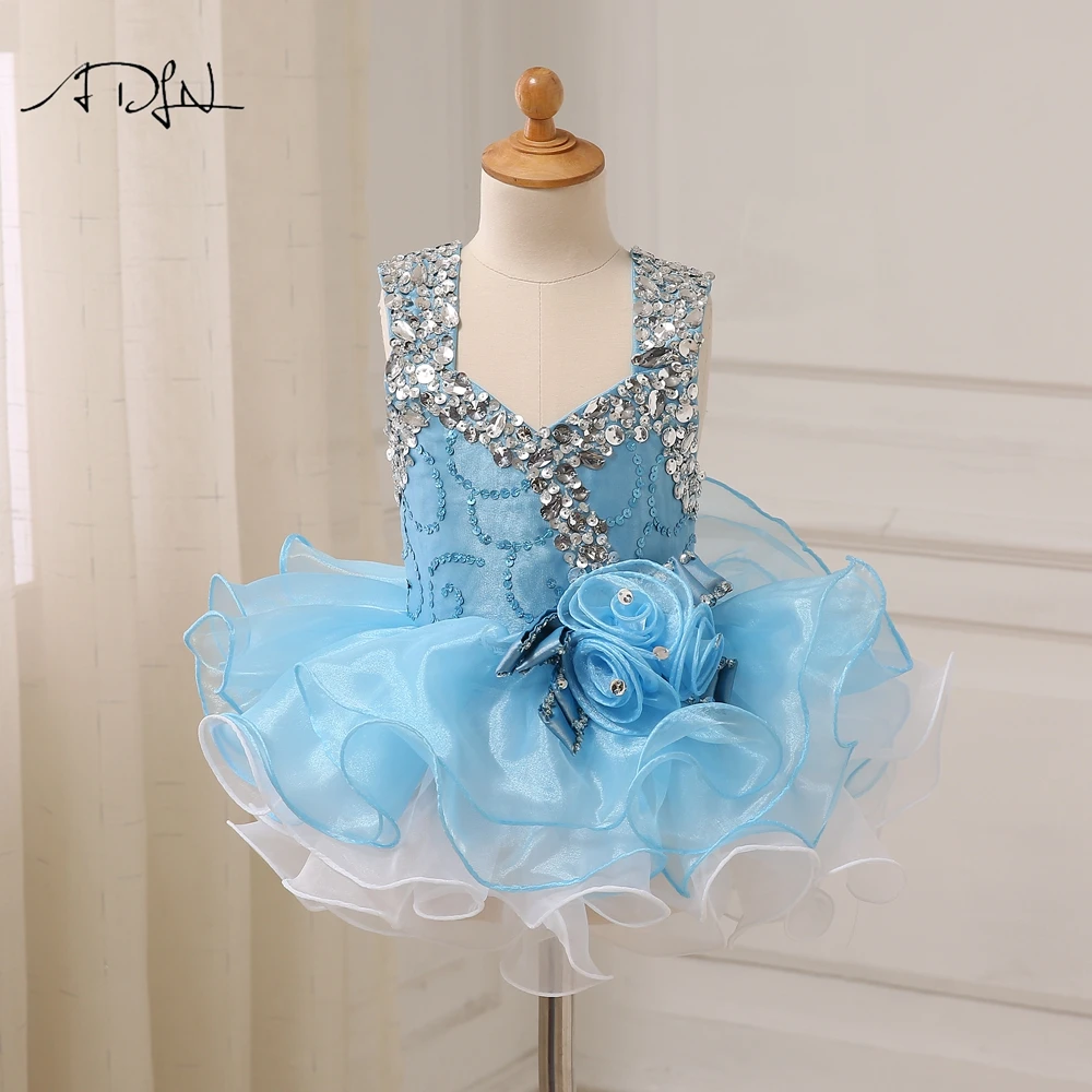 

ADLN Sky Blue First Communion Dresses with Beads Mini Baby Cupcake Dress Princess Pageant Dresses for Girls Glitz