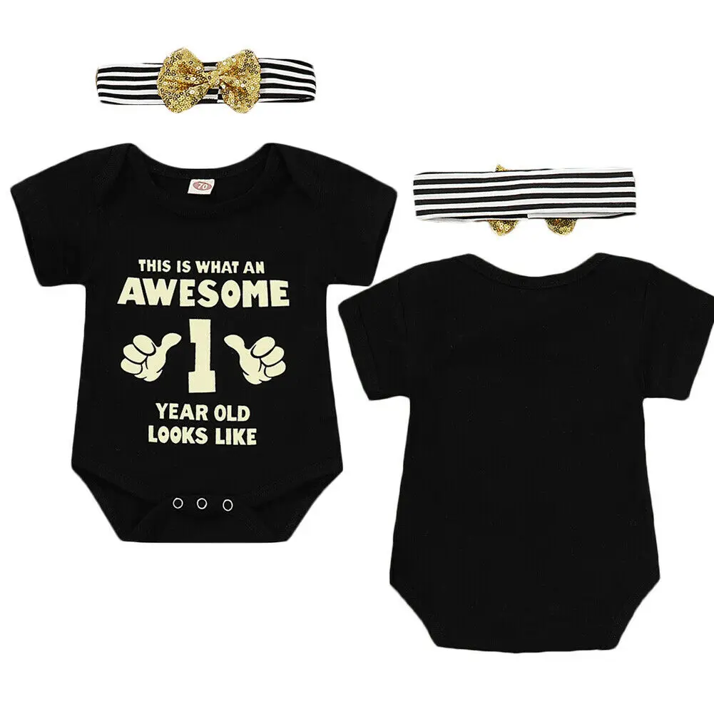 

3-18M Infant Baby Girl Outfits Summer Cotton Clothes Short Sleeve Letter Romper Tops+Sequins Bow Headband 2Pc Baby Sets