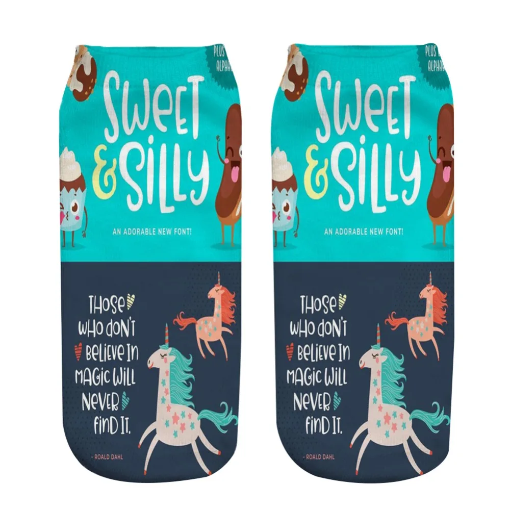 

KLV 1 Pair Unisex Socks Simple Design 3D Unicorn Printed Socks Women men Kawaii Ankle Socks Funny Animal Printed Short Socks