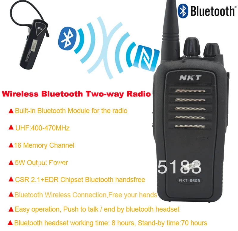 

Bluetooth Walkie Talkie UHF 400-470MHz 16CH 4W Built-in Bluetooth module Portable Two-way radio with Wireless Bluetooth headset