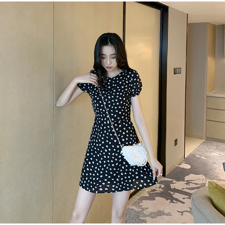 

vintage summer o-neck puff sleeve flower print vestidos high quality fashion brand Women's Clothing elegant Mini dress aesthetic