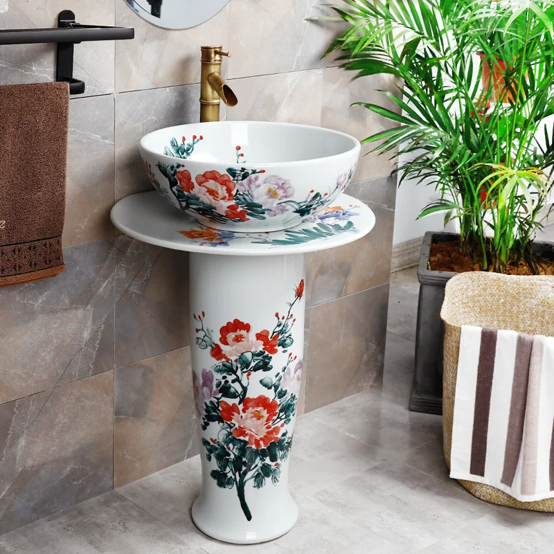 Pedestal Basin Jingdezhen Art Hand Painted Ceramic Washbasin Toilet