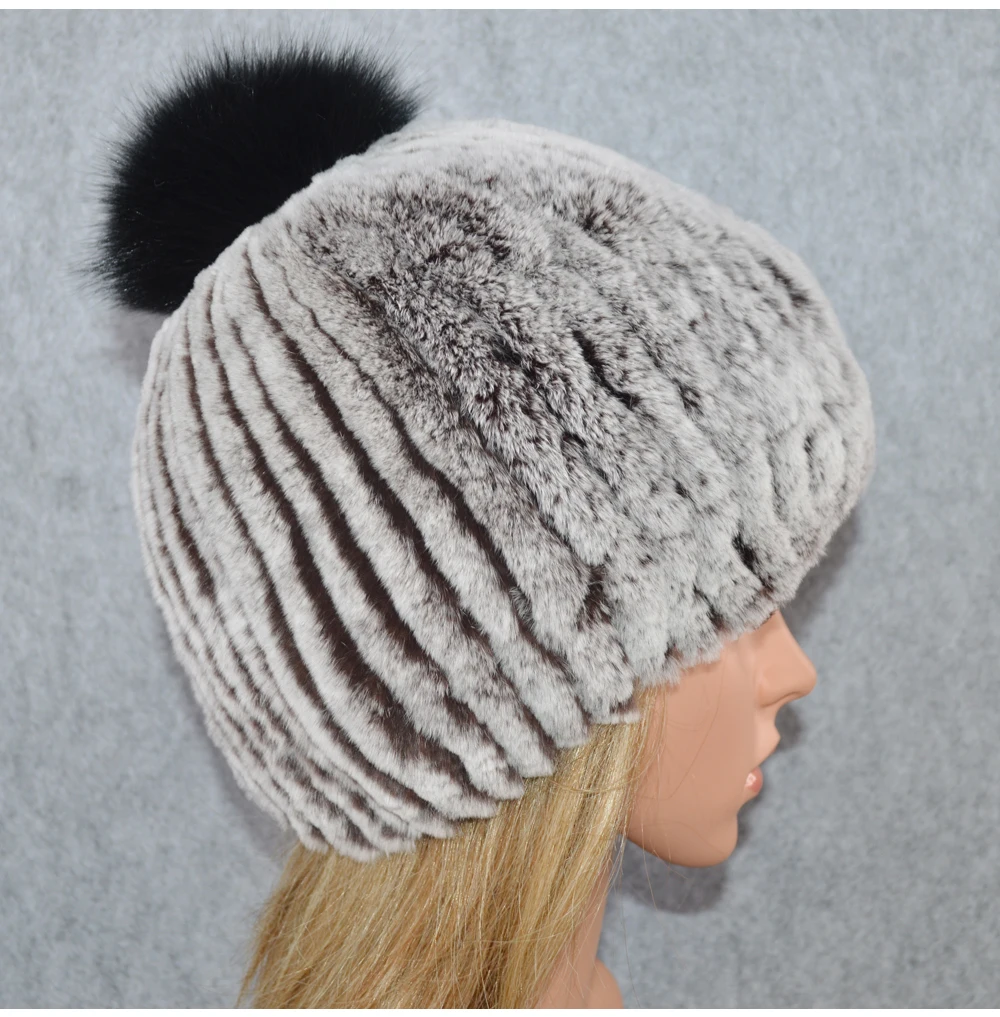 Зимние русские естественно кролика рекс меховая шапка Для женщин Elasitc теплая мягкая ручной вязанный натуральная шерсть шапки помпоны из