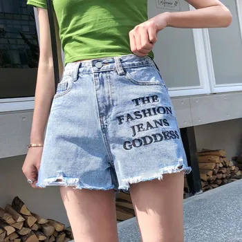 

Shredded Denim Shorts Women 2019 Summer Large Size Letter Embroidery Shorts Female High Waist Slim Slimming Denim Shorts JIA305