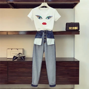

2019 Spring New Embroidery Eyes Short Sleeve T-Shirt + Personality Straight Jeans Two-piece Sets Women's Denim Pants Sets