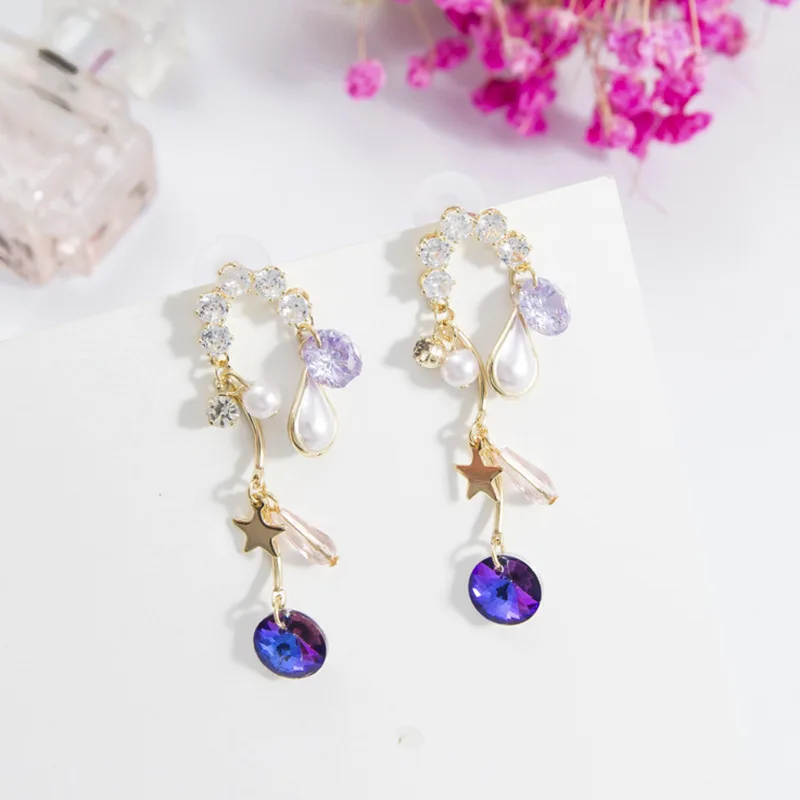 

Dominated 2019 personality asymmetric crystal Women temperament metal star long pearl joker Drop earrings fashion Jewelry