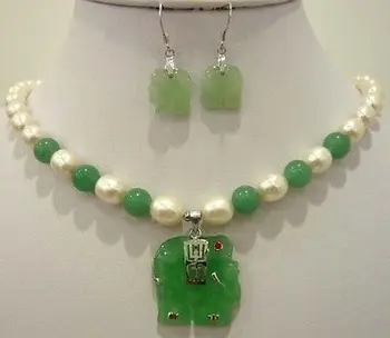 

White pearl light green natural jade elephant pendant necklace earring set