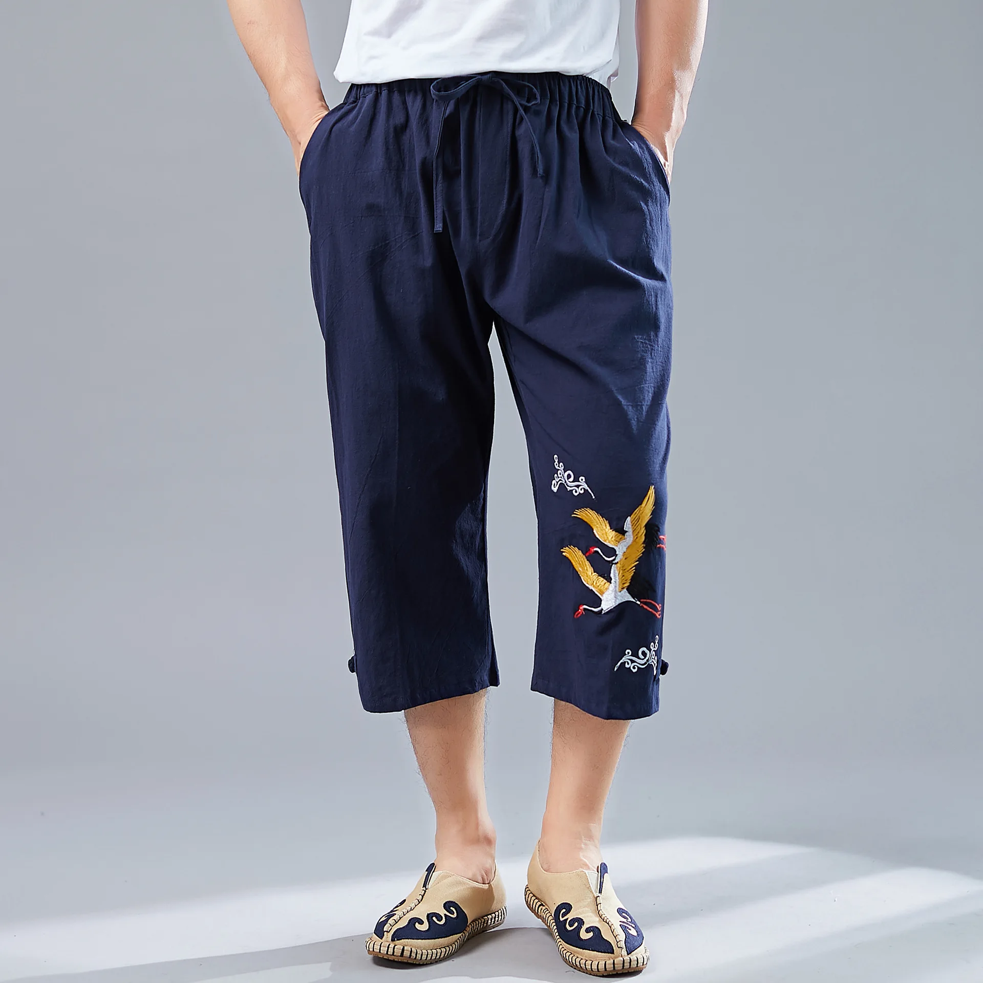 

2019 Summer New Calf-length Trousers Retro Chinese style Casual pants Drawstring Elastic waist Cotton and linen trousers D122