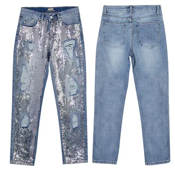 

jeans woman Mid waist jeans Fashion metal sequin Wash the old water hole Ankle-length pants loose plus size jeans