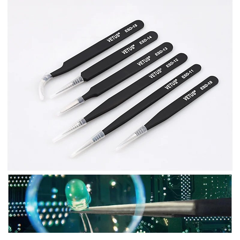 VETUS 1pcs ESD 10 11 12 13 14 15 Anti-static Stainless Steel Tweezers Set For Electronic Cell Phone Repair Tools Kit