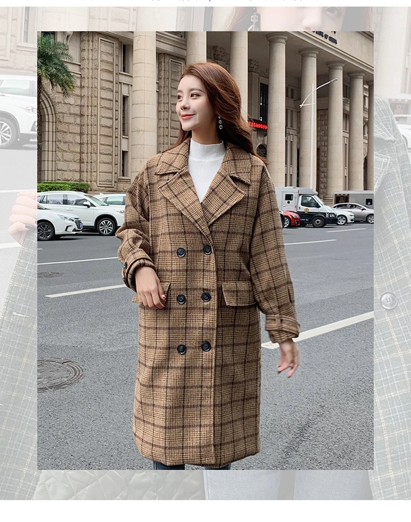 Zoki Loose Plaid Women Long Wool Blend Coat Fashion Winter Warm Jacket Elegant Double Breasted Autumn Fleece Outwear Plus Size