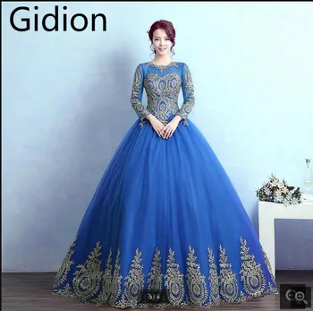 

2016 new arrival ball gown prom dress fuchsia 3/4 sleeve modest prom gowns lace appliques vintage prom dresses free shipping