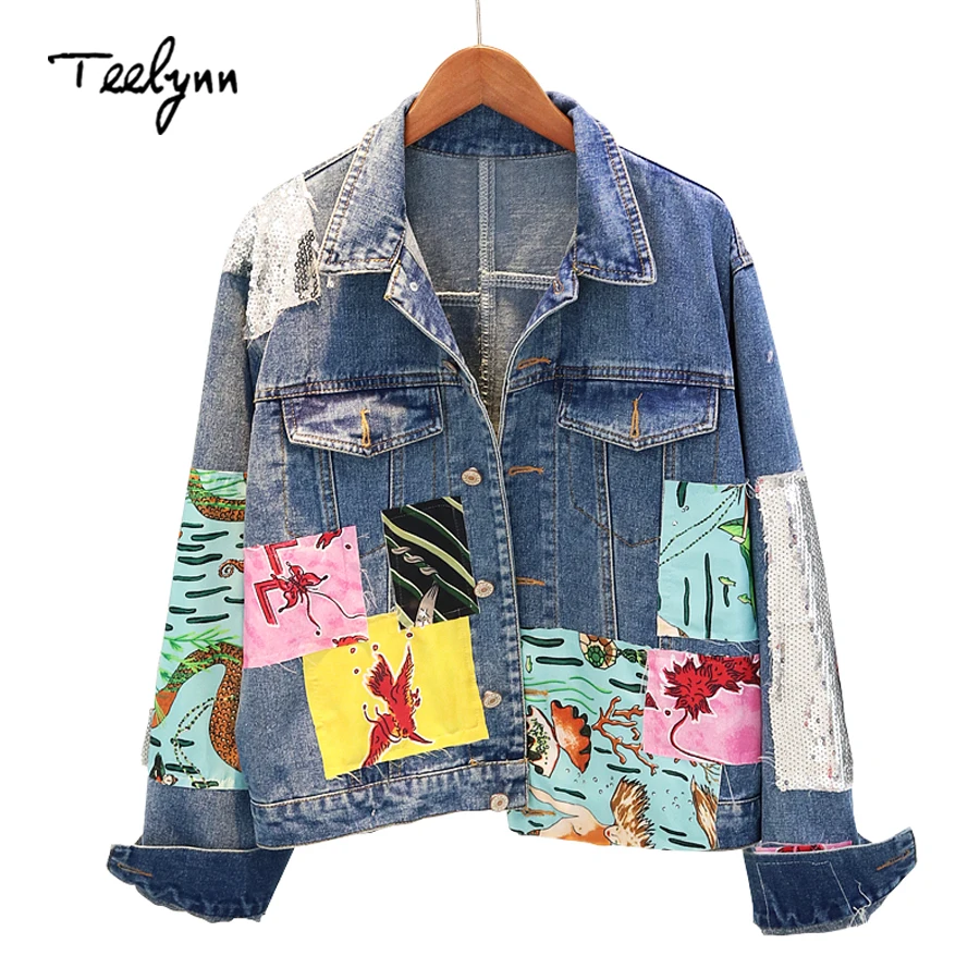 Automne Manteau Boho Broderie Longue Pour Qppliques Teelynn Animé Femmes Jean Veste Wintage Dessin En Manche Les Motif Atwqpdx7w