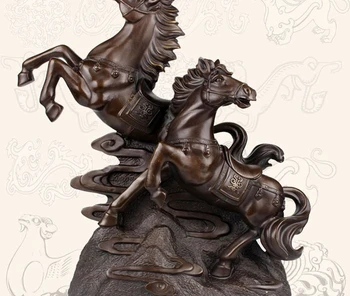 

18'' China Fengshui Pure Bronze Zodiac Double Horse Lucky Statue Figurine