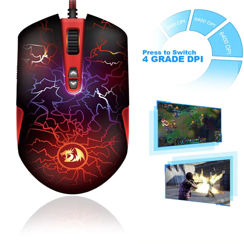 Wired Redragon M701 Lavawolf 6400DPI Optical Gaming Mouse 7 Programmable Buttons LED Professional Gaming Mouse 40AP1507