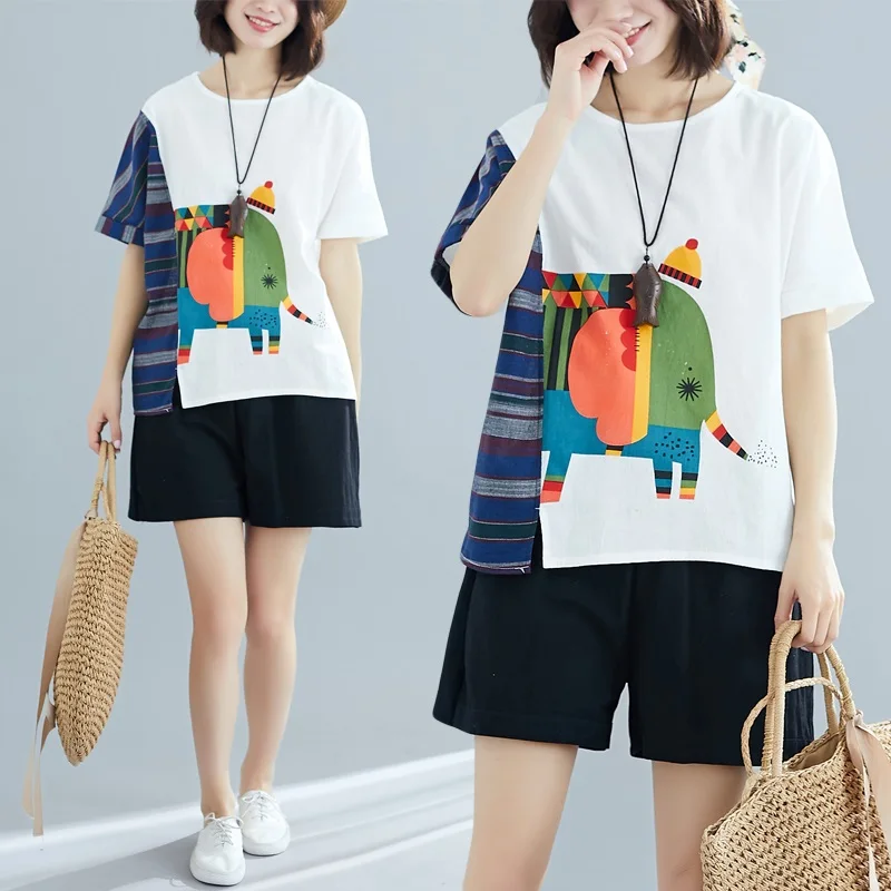 Корейский стиль хлопок лен размера плюс Винтажная летняя повседневная свободная футболка женская футболка Топы уличная одежда