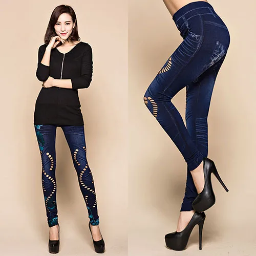 Hollow Cut Elastic Flower Print Denim 2