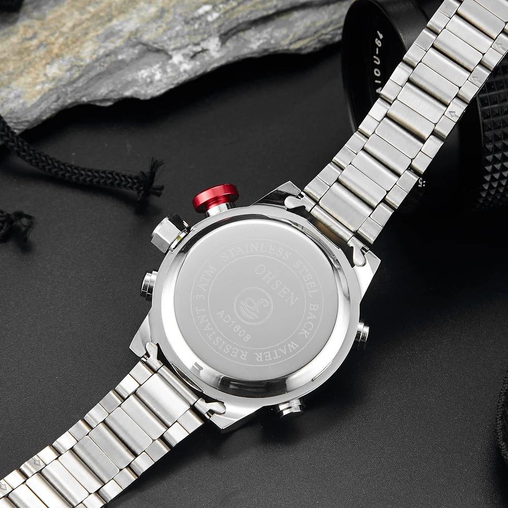 Новинка Ohsen цифровой бренд кварцевые мужские деловые наручные часы белый полный стальной ремешок модный светодиодный военный наряд повседневные часы подарок