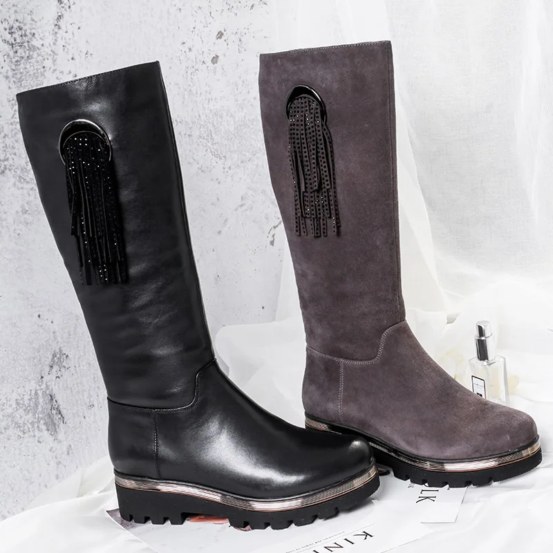 BELISS 2018 natural wool boots knee high women new fashion ladies winter boots fringe genuine leather platfo - 