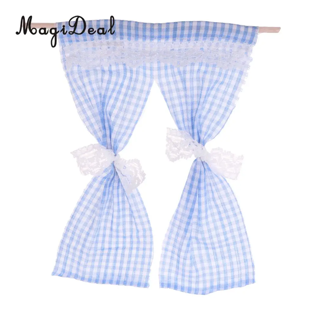 Dollhouse Miniatures Cute Lattice and Lace Pink Cotton Curtain for 1/12 Scale Dolls House Bedroom Furniture Decor Acc 3Colors