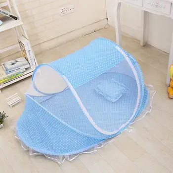 

Baby Folding Bedding Crib Netting Newborn Baby Blue Color Dot Bed Mosquito Net With Soft Mattress Pillow Kit for 0-2T Kids
