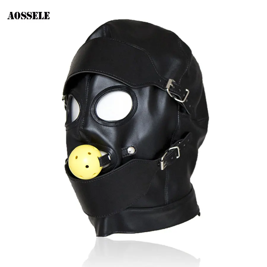 Leather Mask Hood Mouth Gag Ball Bdsm Bondage Set Adult Games Sex Toys