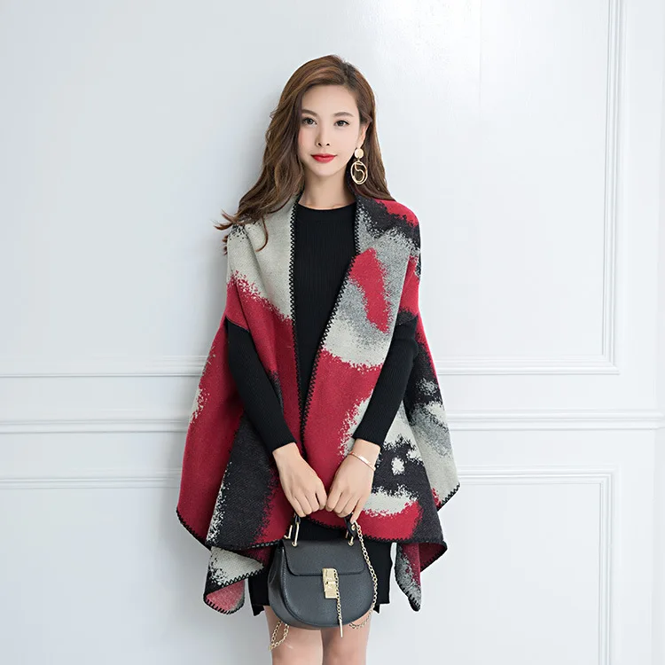 

Women Bohemian Style Plaid Cape Cloak Poncho Wool Blend Shawl Scarf
