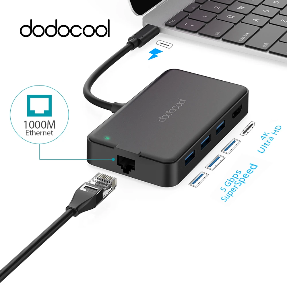 dodocool 6-in-1 USB Hub Multifunction USB C Hub with Type-C 4K HD RJ45 USB 3.0 Hub USB Splitter Type C Hub For Samsung Galaxy S9