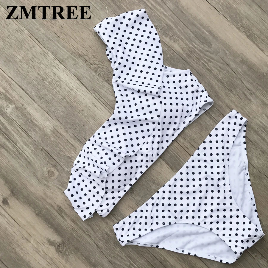 

ZMTREE Single Shoulder Swimwear Girl Beach Wear Bathing Suit Women Bikinis Set Swimsuit Dot Printed Ruffled Maillot De Bain 2019