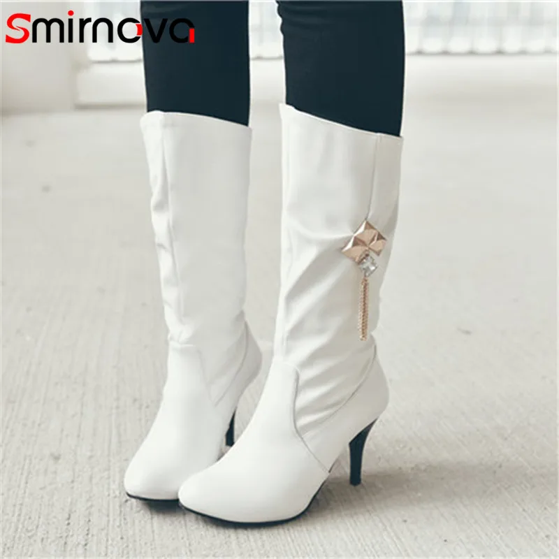 

Smirnova 2018 winter new arrival women boots metal decoration super high heel boots solid female casual mid calf boots