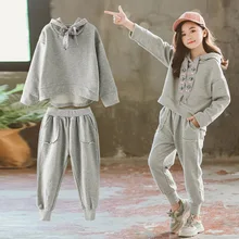 Одежда для девочек осень г. Комплект детской одежды для активных девочек, толстовка с капюшоном и длинными рукавами спортивный костюм для больших девочек, Осенние комплекты одежды