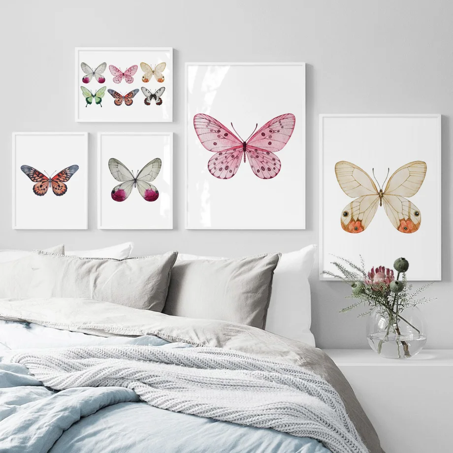 Акварельные образцы бабочек, животные, настенная живопись на холсте, скандинавские плакаты и принты, настенные картины для декора гостиной