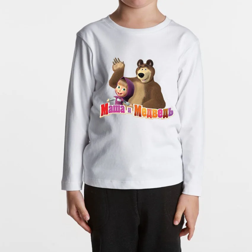 Новинка года; сезон весна-осень; детская Кружевная футболка с принтом «Маша»; длинный рукав; топы для девочек с единорогом и медведем; Рождественская одежда