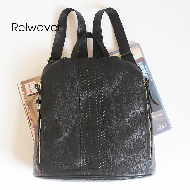 

Relwaver women genuine leather backpack luxurious crocodile pattern cowhide black back opening big travel soft casual school bag