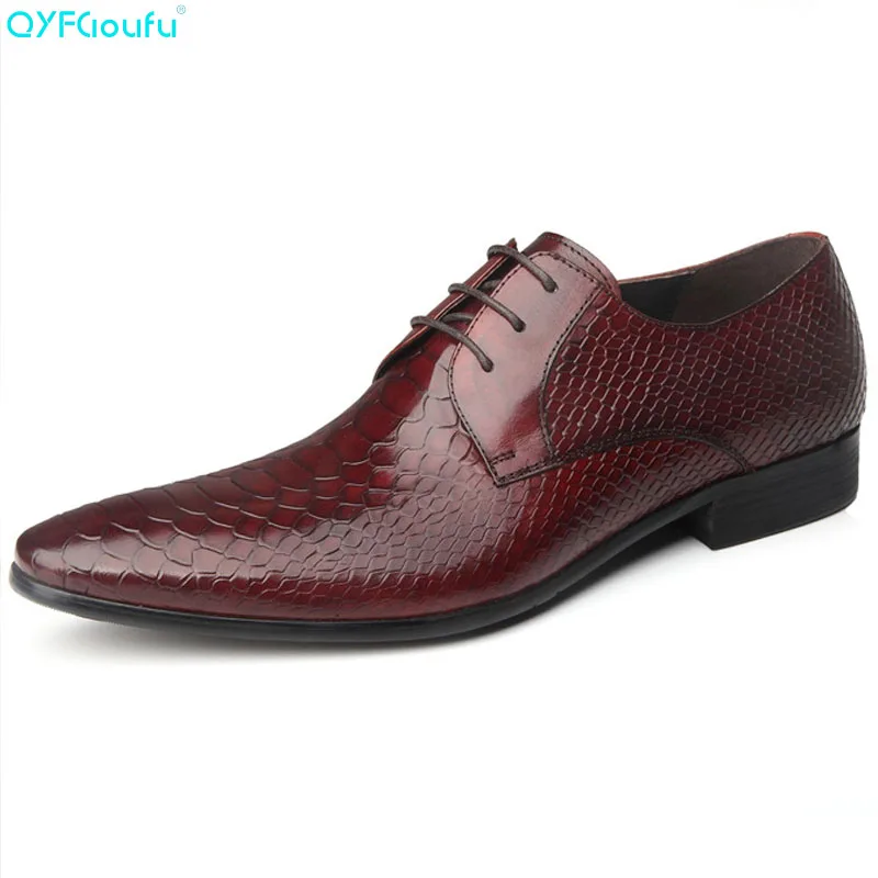 

QYFCIOUFU New Snake Pattern Genuine Cow Leather Men Suit Shoes Fashion Pointed Toe Dress Shoes Oxfords Black Lace-up Luxury Shoe