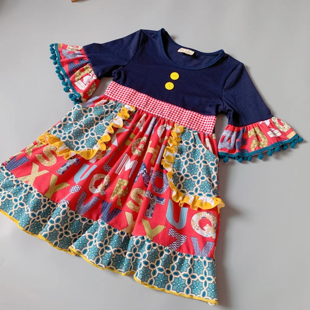 2019 NEW Summer and Fall Classics design ruffles 3/4 sleeves letters with pocke Baby Girls Dress kids's birthday present