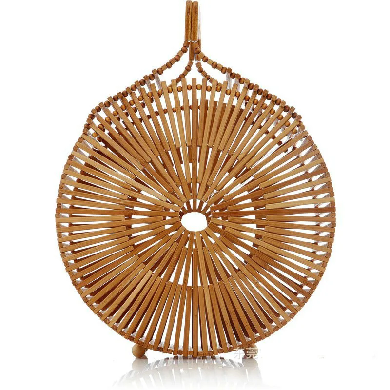 

Fashion Circular Bamboo Summer Nature Bamboo Weaving Beach Handbag Barrel Women Handbags Round Hollow Out Bags New Mesh Tote