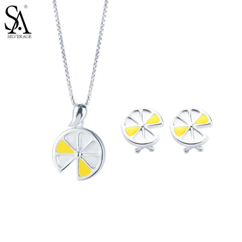 SA SILVERAGE Silver Set 925 Necklace And Earrings Set Lemon Pendant Real Silver Jewelry For Women 2018 Summer Gift