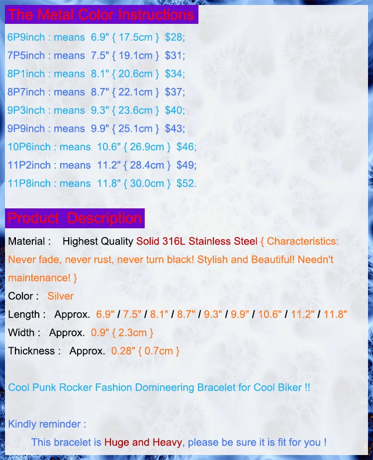 Панк Рокер модный огромный и тяжелый браслет твердый 316L нержавеющая сталь крутой мужской Байкерский Властный Браслет 5C005- 6,"~ 11,8"
