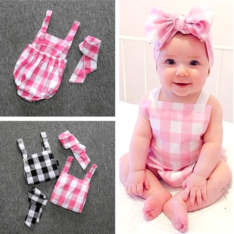 

Cute Baby Rompers Girl Baby Sling Costumes Set Kids Jumpsuit 2 Pieces Suits Cotton Plaid Romper + Headband Baby Girls Clothes