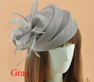 Элегантная Дамская королевская шляпа-Вуалетка Sinamay, женская льняная шляпа с перьями, аксессуары для волос для свадебной вечеринки, гоночная шапка с перьями - Цвет: Gray