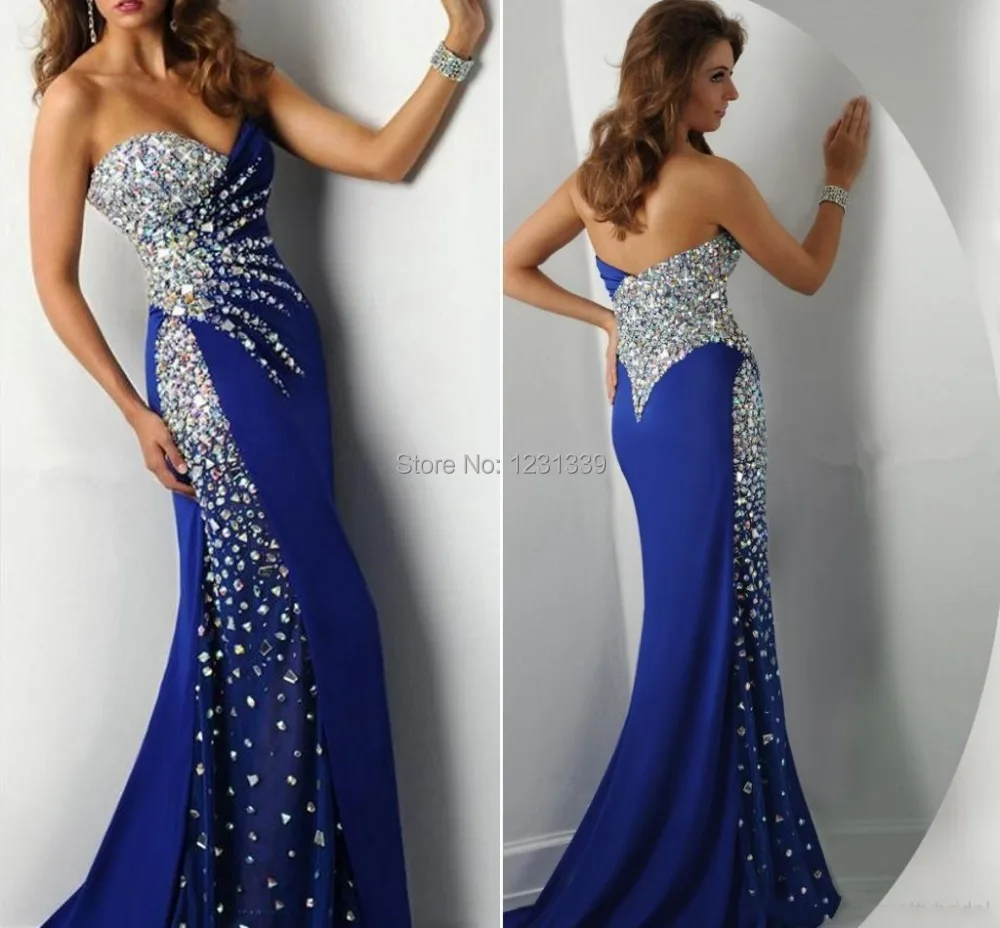 Hot Sale 2015 Royal Blue Prom Dresses Glitter Beaded Long Evening Dress