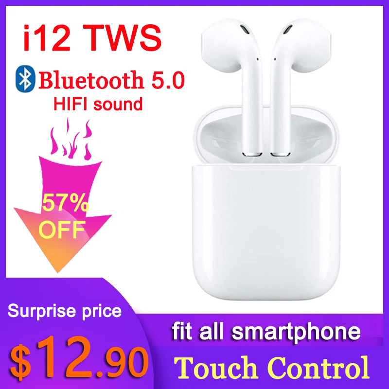 

Earphones Wireless Bluetooth 5.0 I12 Touch Control Mini 1:1 Pods wireless headphones Pk I7 I10 Tws for IOS Smart Phone headphone