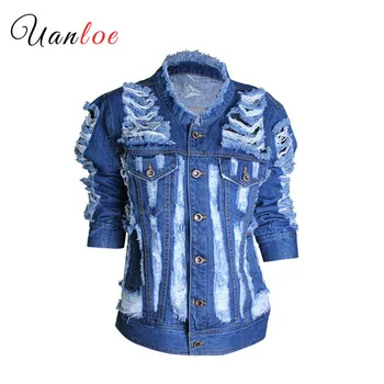 

2019 Fashion Womens Long Sleeve Denim Jackets loose Solid Color Sexy Hole Jeans Coats S/L Female Clothes Single Breasted Coat