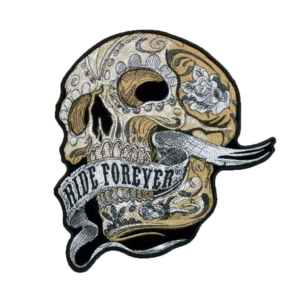 Ride forever skull motorcycle embroidery iron on patch Skull custom punk biker cut stickers free shipping (1)