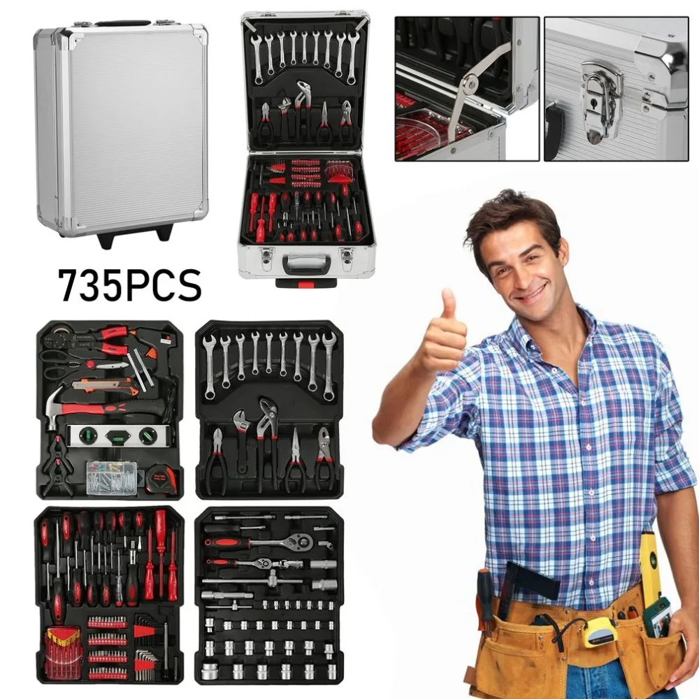 

735PCS/SET Precision Tools Durable Tool Trolley Set With Aluminum Alloy Carry Box Professional Garage Mobile Workshop Toolbox
