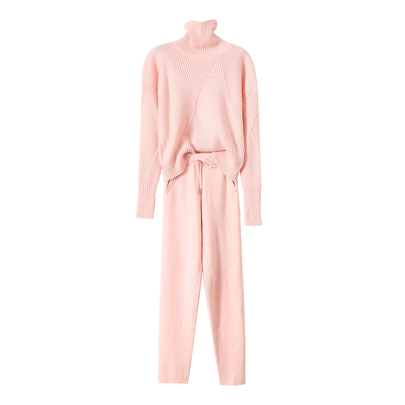 

2017 new women's suits fashion high collar thickened cashmere sweater + knitted trousers two-piece pants female